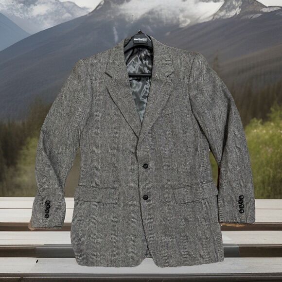 VTG Joe Namath Signature Collection Gray 40L Herringbone Wool Blazer Coat Jacket - Picture 1 of 7